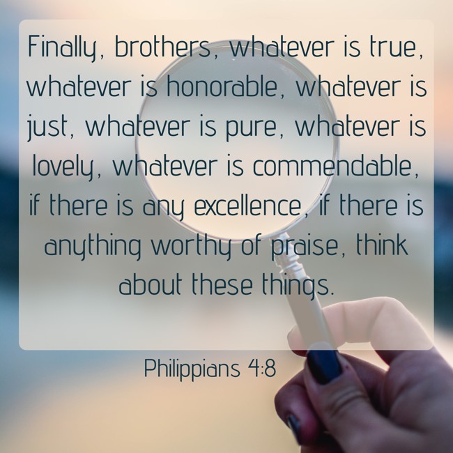 Finally, brothers, whatever is true, whatever is honorable, whatever is just, whatever is pure, whatever is lovely, whatever is commendable, if there is any excellence, if there is anything worthy of praise, think about these things. - Philippians 4:8
