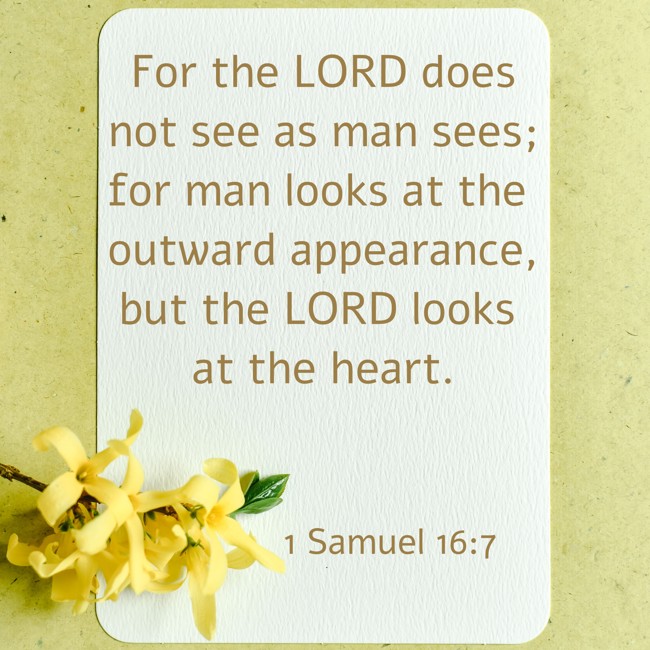 For the LORD does not see as man sees; for man looks at the outward appearance, but the LORD looks at the heart. - 1 Samuel 16:7