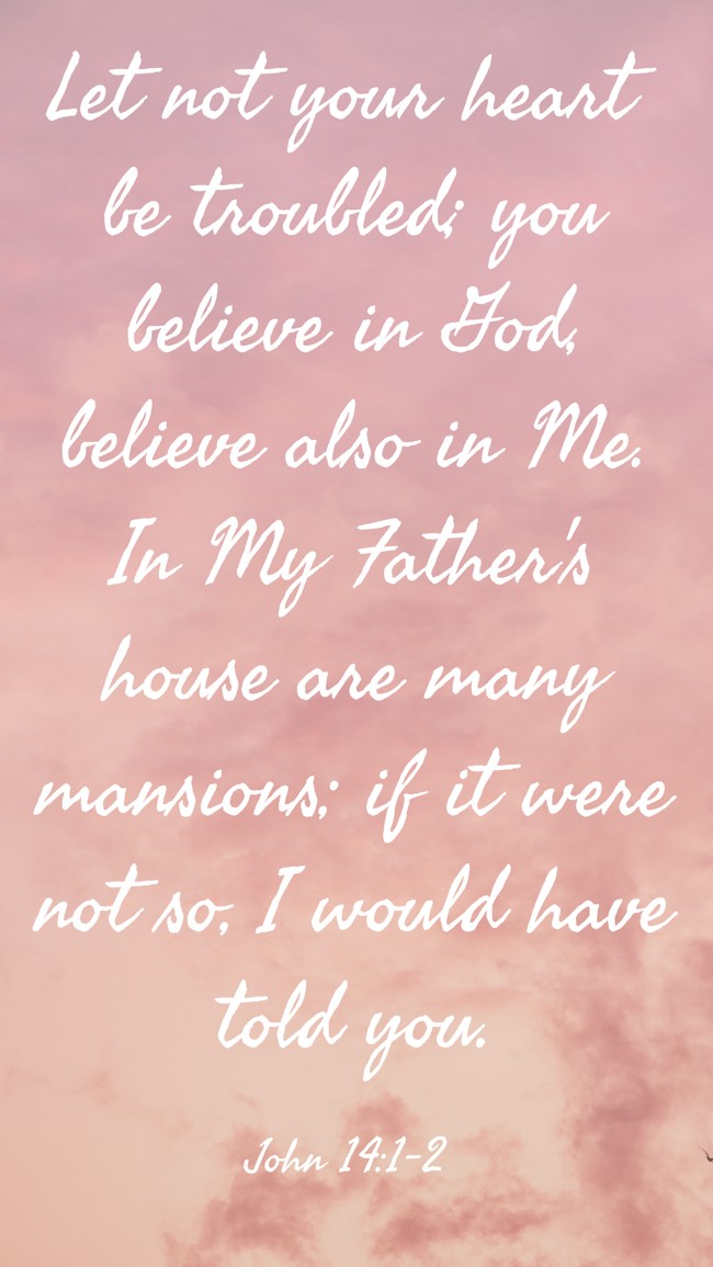 Let not your heart be troubled; you believe in God, believe also in Me. In My Father's house are many mansions; if it were not so, I would have told you. - John 14:1-2
