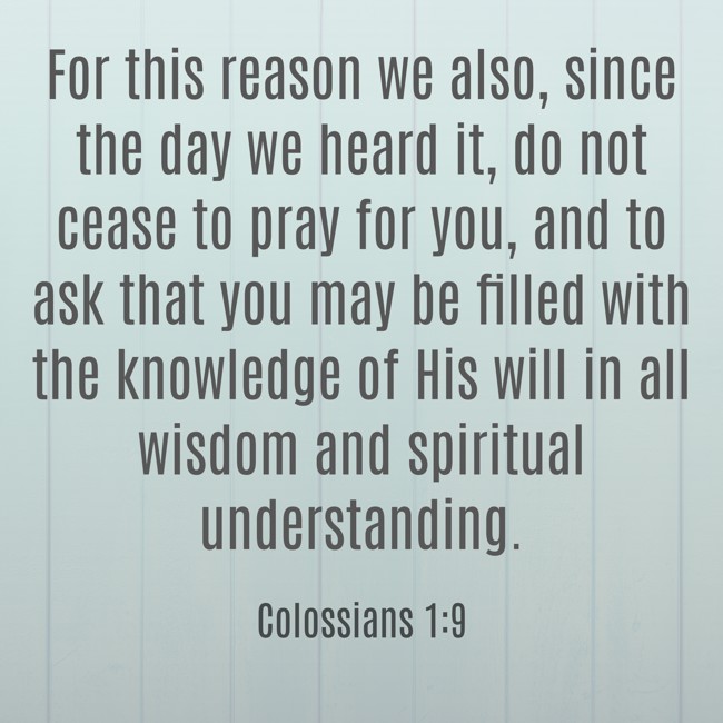 For this reason we also, since the day we heard it, do not cease to pray for you, and to ask that you may be filled with the knowledge of His will in all wisdom and spiritual understanding. - Colossians 1:9