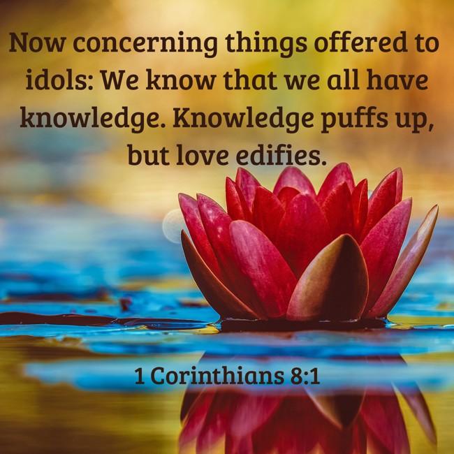Now concerning things offered to idols: We know that we all have knowledge. Knowledge puffs up, but love edifies. - 1 Corinthians 8:1