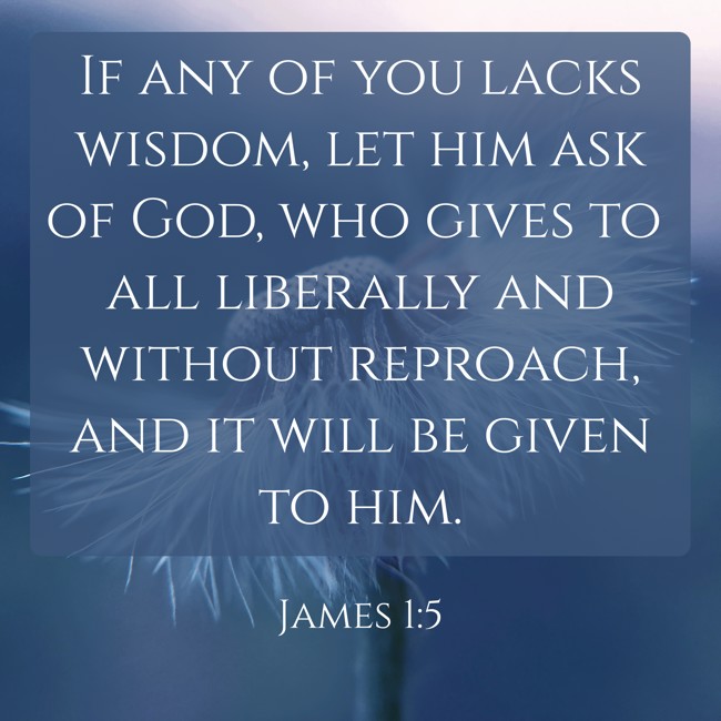 If any of you lacks wisdom, let him ask of God, who gives to all liberally and without reproach, and it will be given to him. - James 1:5