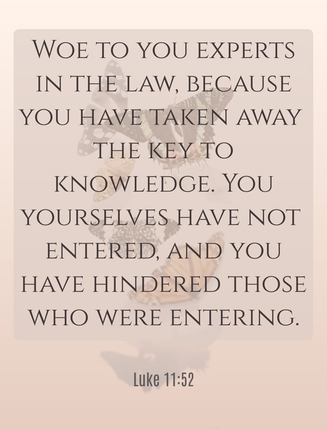 Woe to you experts in the law, because you have taken away the key to knowledge. You yourselves have not entered, and you have hindered those who were entering. - Luke 11:52