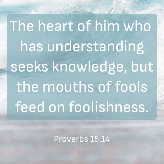 The heart of him who has understanding seeks knowledge, but the mouths of fools feed on foolishness. - Proverbs 15:14