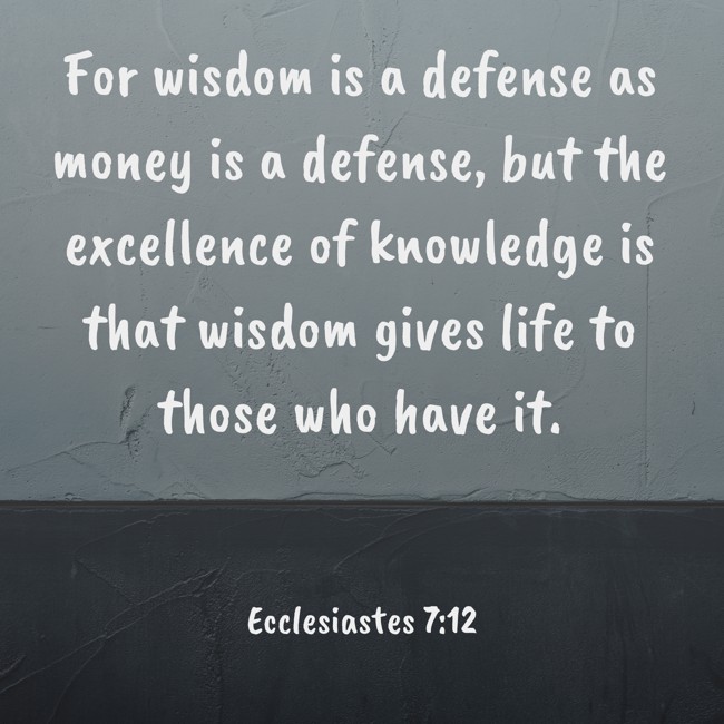 For wisdom is a defense as money is a defense, but the excellence of knowledge is that wisdom gives life to those who have it. - Ecclesiastes 7:12