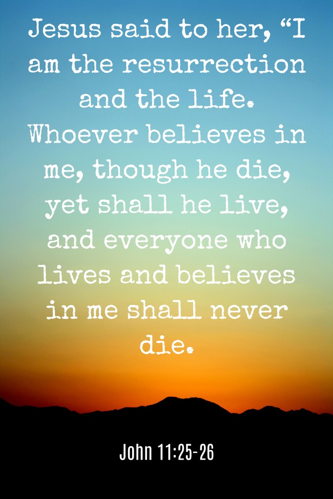  Jesus said to her, “I am the resurrection and the life. Whoever believes in me, though he die, yet shall he live, and everyone who lives and believes in me shall never die.   - John 11:25-26 