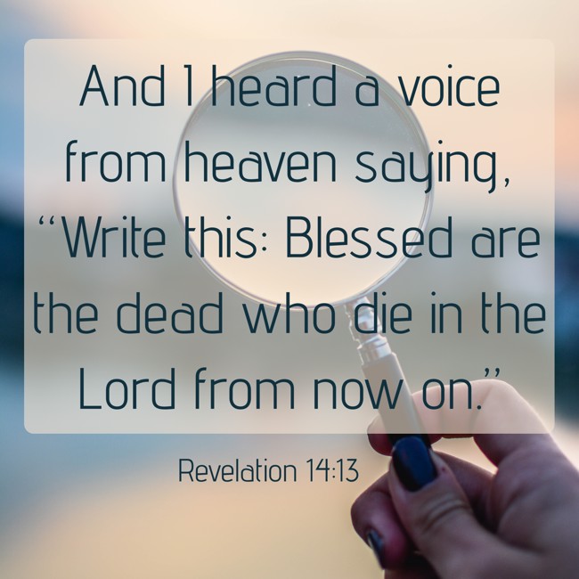  And I heard a voice from heaven saying, “Write this: Blessed are the dead who die in the Lord from now on.”   - Revelation 14:13 