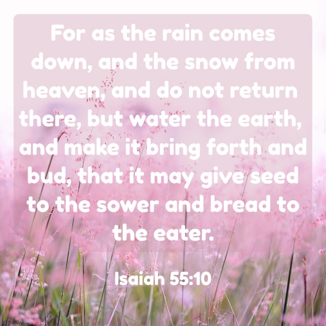 For as the rain comes down, and the snow from heaven, and do not return there, but water the earth, and make it bring forth and bud, that it may give seed to the sower and bread to the eater. - Isaiah 55:10