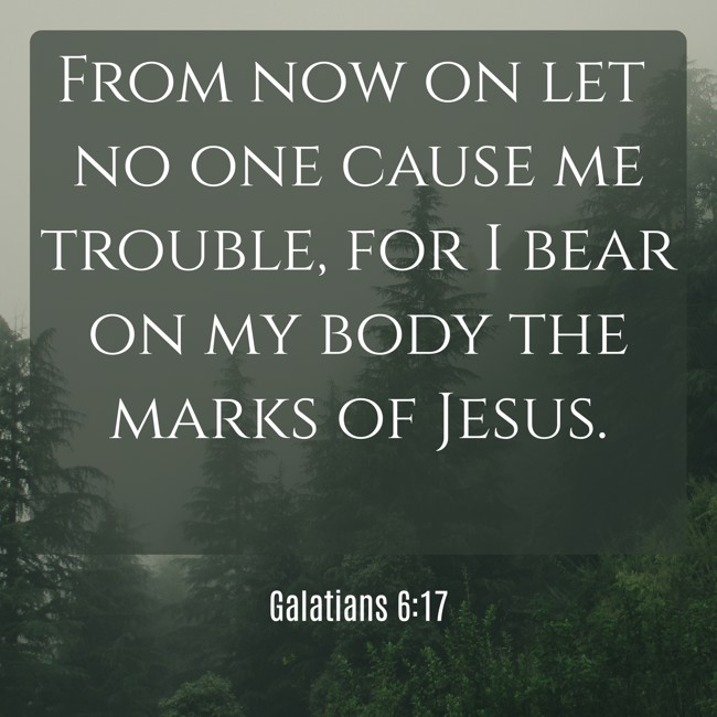 From now on let no one cause me trouble, for I bear on my body the marks of Jesus. - Galatians 6:17