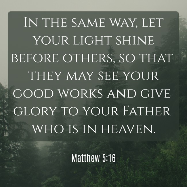 In the same way, let your light shine before others, so that they may see your good works and give glory to your Father who is in heaven. - Matthew 5:16