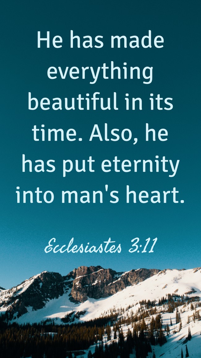 He has made everything beautiful in its time. Also, he has put eternity into man's heart. - Ecclesiastes 3:11