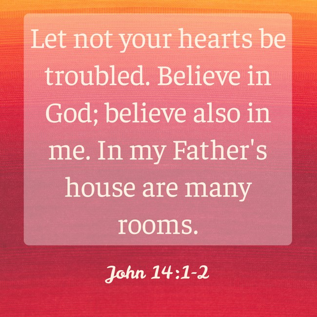 Let not your hearts be troubled. Believe in God; believe also in me. In my Father's house are many rooms. - John 14:1-2