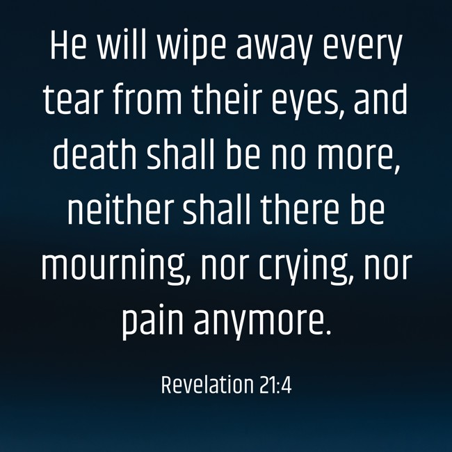 He will wipe away every tear from their eyes, and death shall be no more, neither shall there be mourning, nor crying, nor pain anymore. - Revelation 21:4