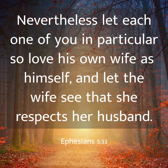 Nevertheless let each one of you in particular so love his own wife as himself, and let the wife see that she respects her husband. - Ephesians 5:33