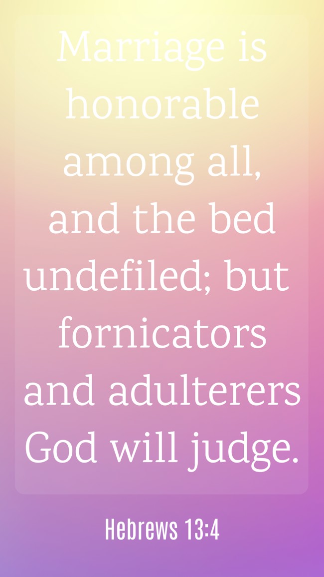 Marriage is honorable among all, and the bed undefiled; but fornicators and adulterers God will judge. - Hebrews 13:4