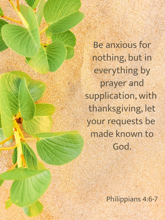 Be anxious for nothing, but in everything by prayer and supplication, with thanksgiving, let your requests be made known to God. - Philippians 4:6-7