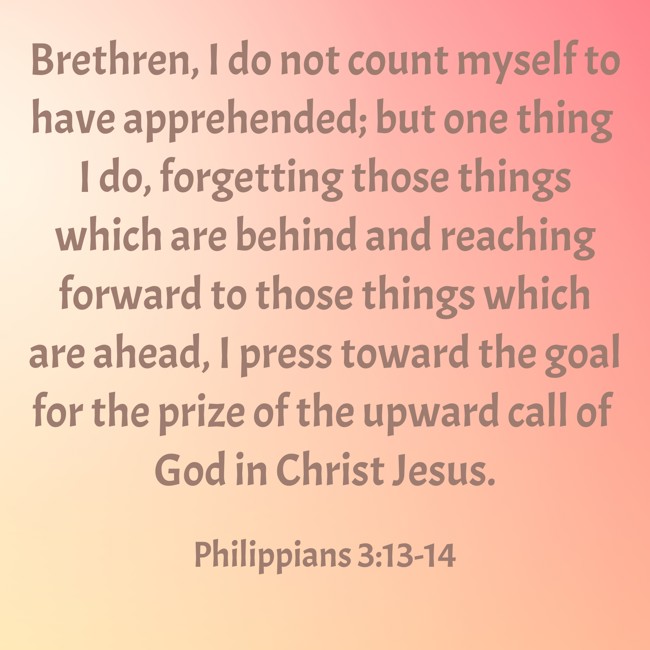  Brethren, I do not count myself to have apprehended; but one thing I do, forgetting those things which are behind and reaching forward to those things which are ahead, I press toward the goal for the prize of the upward call of God in Christ Jesus.   - Philippians 3:13-14 