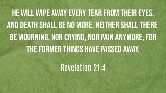 He will wipe away every tear from their eyes, and death shall be no more, neither shall there be mourning, nor crying, nor pain anymore, for the former things have passed away. - Revelation 21:4