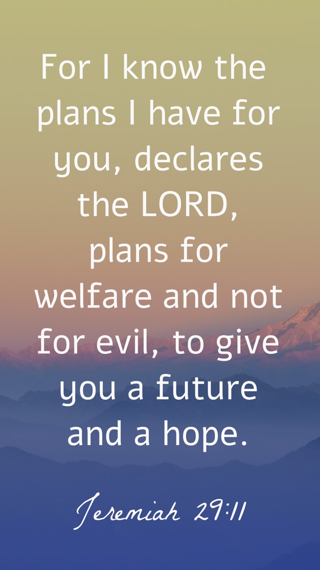 For I know the plans I have for you, declares the LORD, plans for welfare and not for evil, to give you a future and a hope. - Jeremiah 29:11