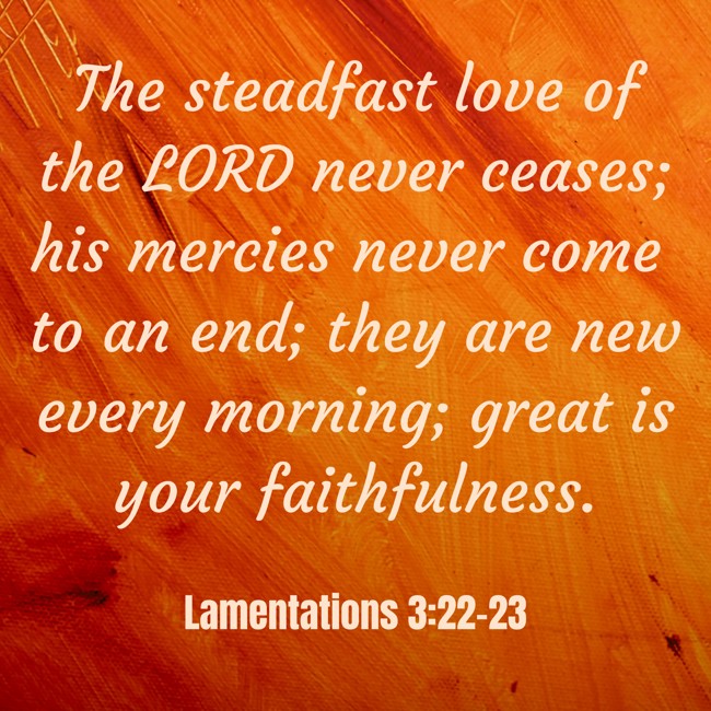 The steadfast love of the LORD never ceases; his mercies never come to an end; they are new every morning; great is your faithfulness. - Lamentations 3:22-23