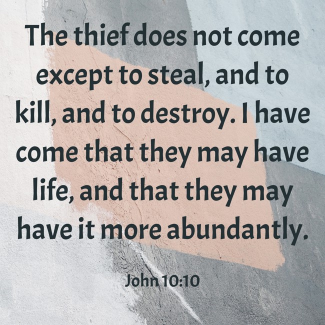 The thief does not come except to steal, and to kill, and to destroy. I have come that they may have life, and that they may have it more abundantly. - John 10:10