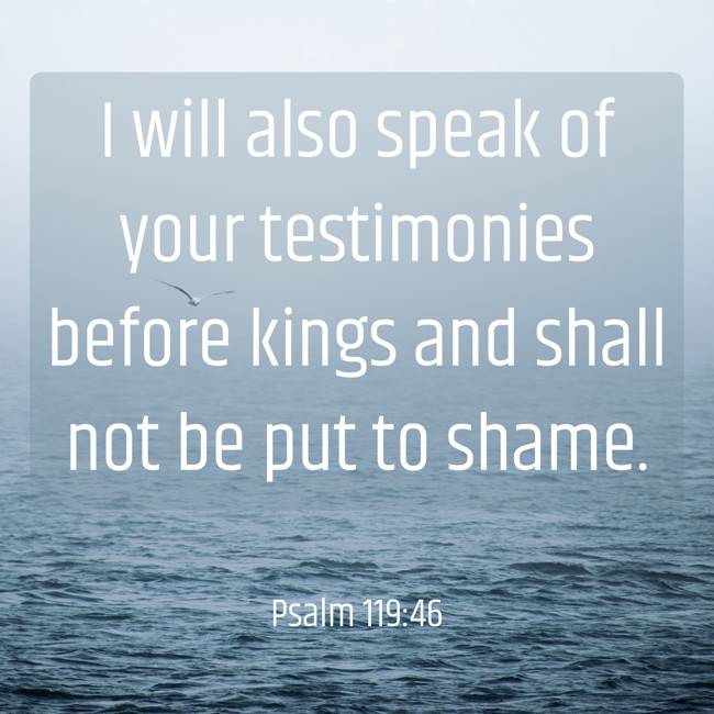  I will also speak of your testimonies before kings and shall not be put to shame.   - Psalm 119:46 
