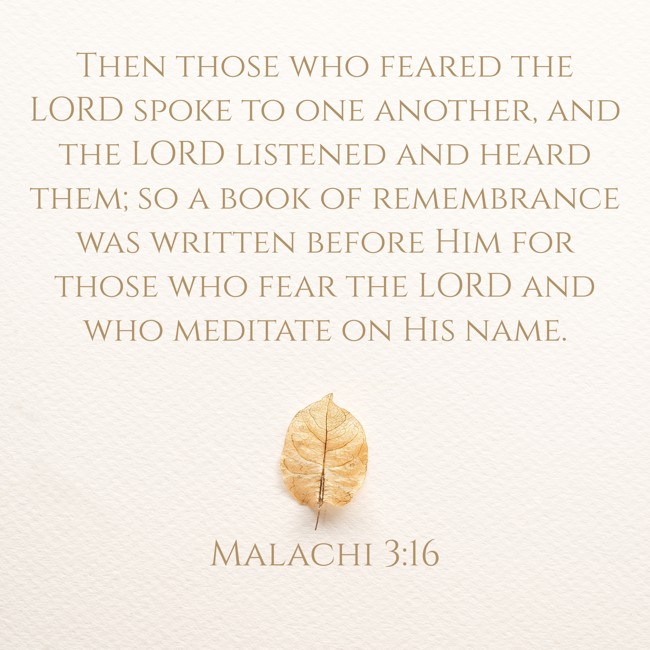 Then those who feared the LORD spoke to one another, and the LORD listened and heard them; so a book of remembrance was written before Him for those who fear the LORD and who meditate on His name.   - Malachi 3:16 