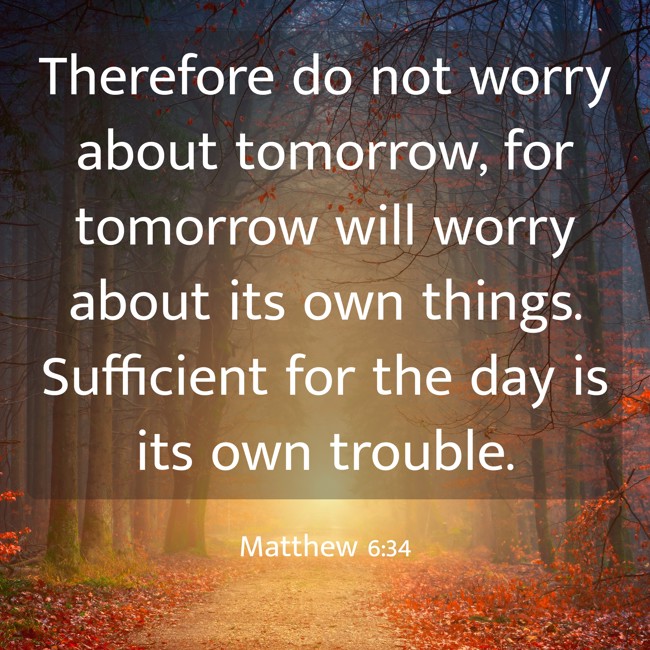  Therefore do not worry about tomorrow, for tomorrow will worry about its own things. Sufficient for the day is its own trouble.   - Matthew 6:34 