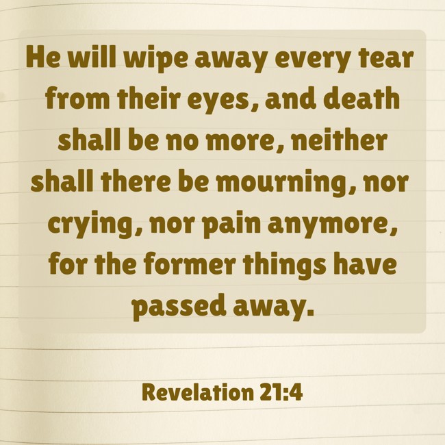 He will wipe away every tear from their eyes, and death shall be no more, neither shall there be mourning, nor crying, nor pain anymore, for the former things have passed away. - Revelation 21:4