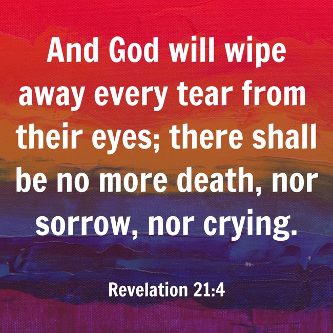 And God will wipe away every tear from their eyes; there shall be no more death, nor sorrow, nor crying. - Revelation 21:4