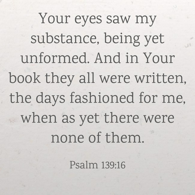 Your eyes saw my substance, being yet unformed. And in Your book they all were written, the days fashioned for me, when as yet there were none of them. - Psalm 139:16