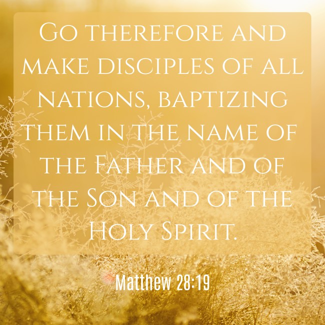 Go therefore and make disciples of all nations, baptizing them in the name of the Father and of the Son and of the Holy Spirit. - Matthew 28:19