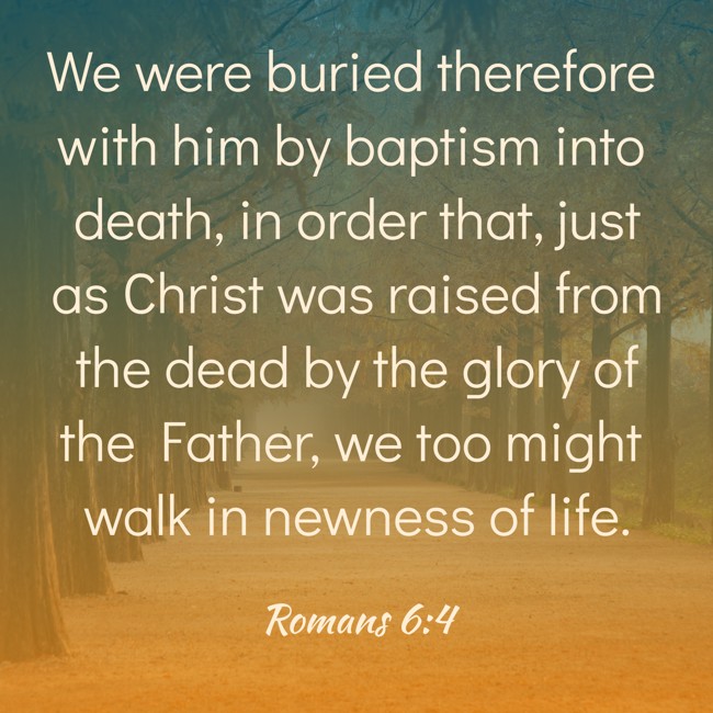 We were buried therefore with him by baptism into death, in order that, just as Christ was raised from the dead by the glory of the Father, we too might walk in newness of life. - Romans 6:4