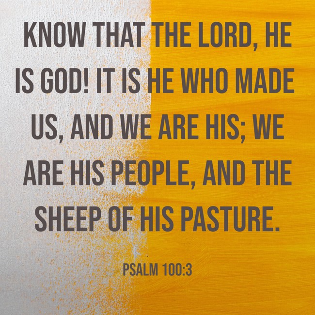 Know that the LORD, he is God! It is he who made us, and we are his; we are his people, and the sheep of his pasture. - Psalm 100:3