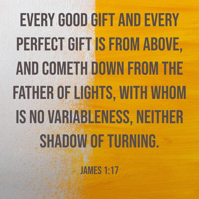 Every good gift and every perfect gift is from above, and cometh down from the Father of lights, with whom is no variableness, neither shadow of turning. - James 1:17