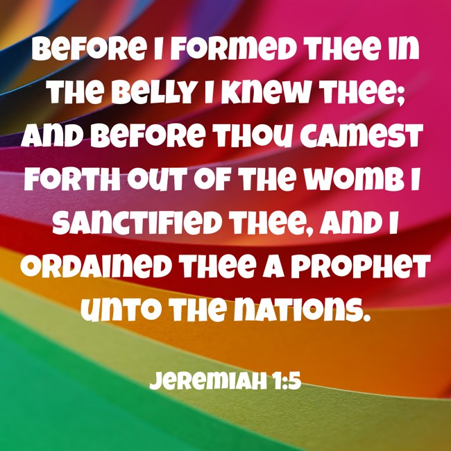 Before I formed thee in the belly I knew thee; and before thou camest forth out of the womb I sanctified thee, and I ordained thee a prophet unto the nations. - Jeremiah 1:5