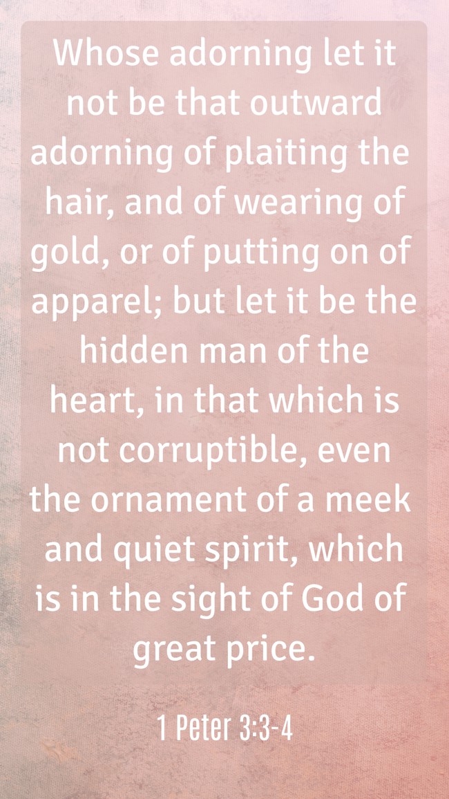 Whose adorning let it not be that outward adorning of plaiting the hair, and of wearing of gold, or of putting on of apparel; but let it be the hidden man of the heart, in that which is not corruptible, even the ornament of a meek and quiet spirit, which is in the sight of God of great price. - 1 Peter 3:3-4