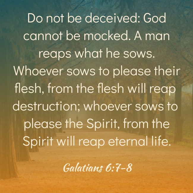 Do not be deceived: God cannot be mocked. A man reaps what he sows. Whoever sows to please their flesh, from the flesh will reap destruction; whoever sows to please the Spirit, from the Spirit will reap eternal life. - Galatians 6:7-8