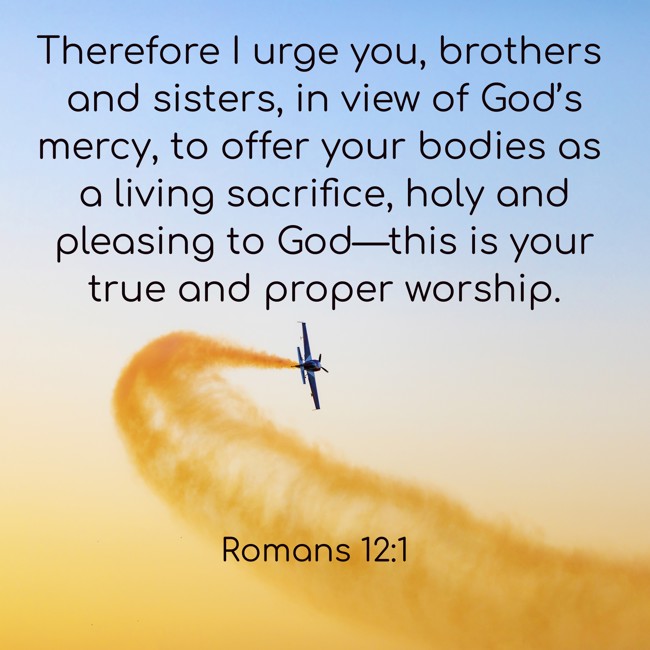 Therefore I urge you, brothers and sisters, in view of God’s mercy, to offer your bodies as a living sacrifice, holy and pleasing to God—this is your true and proper worship. - Romans 12:1