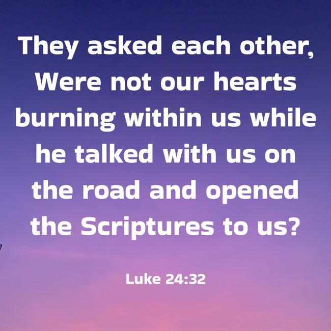 They asked each other, Were not our hearts burning within us while he talked with us on the road and opened the Scriptures to us? - Luke 24:32