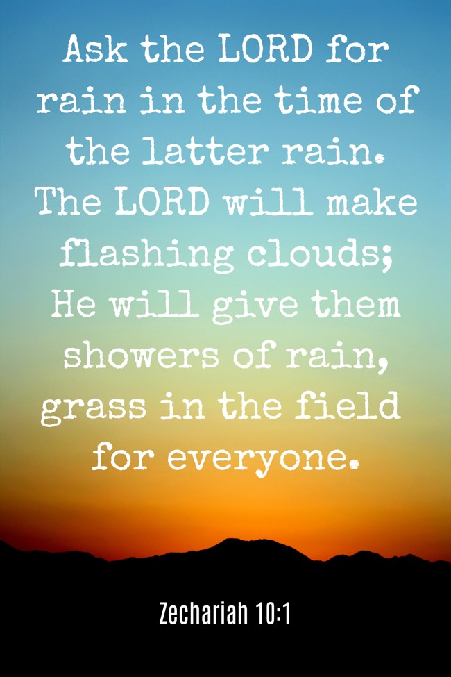 Ask the LORD for rain in the time of the latter rain. The LORD will make flashing clouds; He will give them showers of rain, grass in the field for everyone. - Zechariah 10:1