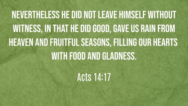 Nevertheless He did not leave Himself without witness, in that He did good, gave us rain from heaven and fruitful seasons, filling our hearts with food and gladness. - Acts 14:17