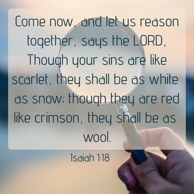 Come now, and let us reason together, says the LORD, Though your sins are like scarlet, they shall be as white as snow; though they are red like crimson, they shall be as wool. - Isaiah 1:18