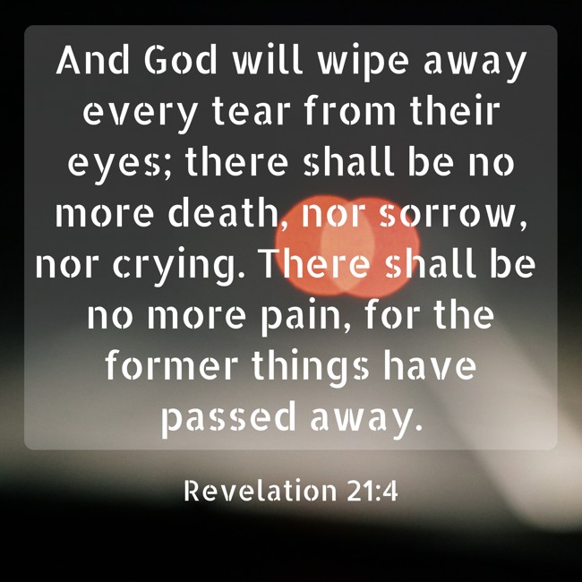 And God will wipe away every tear from their eyes; there shall be no more death, nor sorrow, nor crying. There shall be no more pain, for the former things have passed away. - Revelation 21:4