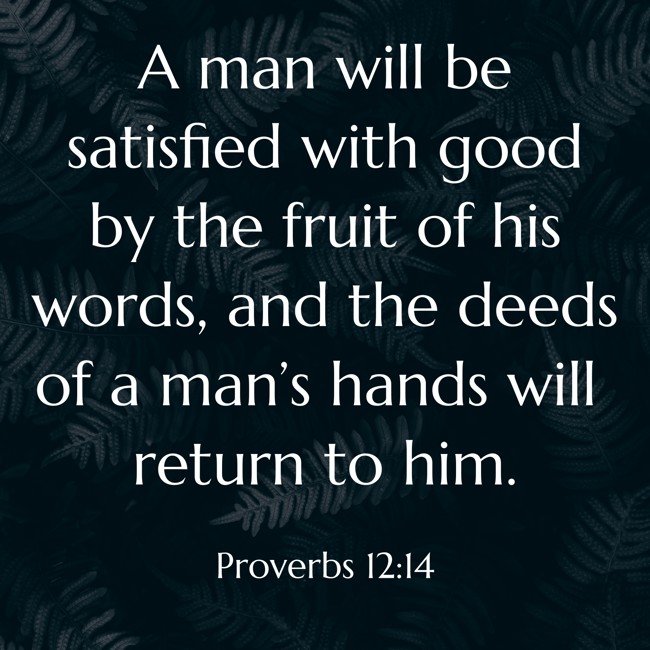A man will be satisfied with good by the fruit of his words, and the deeds of a man’s hands will return to him. - Proverbs 12:14