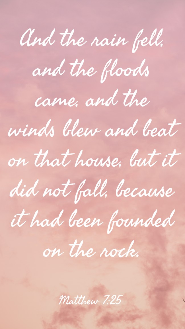 And the rain fell, and the floods came, and the winds blew and beat on that house, but it did not fall, because it had been founded on the rock. - Matthew 7:25