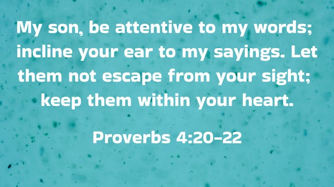 My son, be attentive to my words; incline your ear to my sayings. Let them not escape from your sight; keep them within your heart. - Proverbs 4:20-22