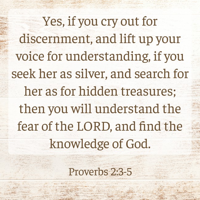 Yes, if you cry out for discernment, and lift up your voice for understanding, if you seek her as silver, and search for her as for hidden treasures; then you will understand the fear of the LORD, and find the knowledge of God. - Proverbs 2:3-5