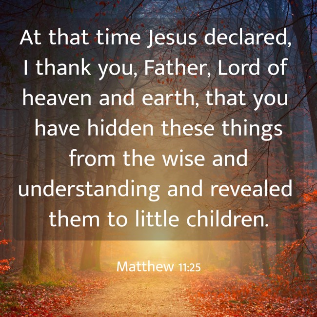 At that time Jesus declared, I thank you, Father, Lord of heaven and earth, that you have hidden these things from the wise and understanding and revealed them to little children. - Matthew 11:25