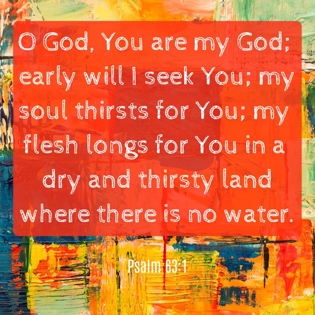 O God, You are my God; early will I seek You; my soul thirsts for You; my flesh longs for You in a dry and thirsty land where there is no water. - Psalm 63:1